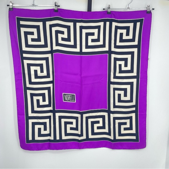 Norman Norell Wide Greek Key Silk Scarf purple black white geometric  34x33.5” - Picture 1 of 7